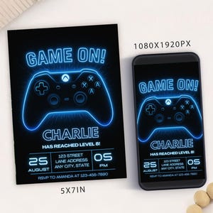 Modèle de carte d'invitation de fête d'anniversaire de jeu vidéo GAME ON, invitation à une fête avec contrôleur de jeu numérique, fête d'arcade de joueur électronique RVB
