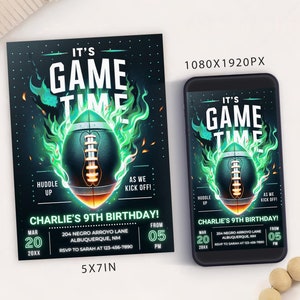 Modèle de carte d'invitation de fête d'anniversaire sur le thème du football modifiable, invitation numérique d'anniversaire de football, mobile d'anniversaire de sport électronique