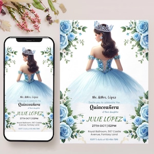 Editable Sky Blue Quinceañera Invitation Card Template, Mis Quince Invitation Invite, Digital Quinceanera Invitation Card & Mobile Evite