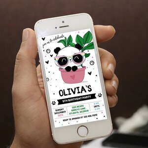 Schattige Panda verjaardagsfeestje uitnodigingskaart, digitale Evite panda verjaardag uitnodigen, Panda mobiele e-uitnodiging, Kids panda partij uitnodigingskaart