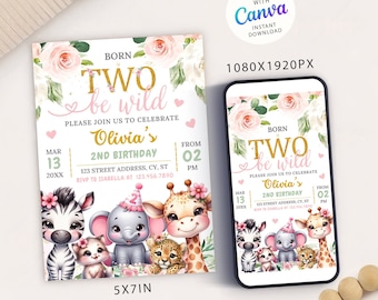Two Wild Birthday Invitation: Girl Safari, Editable Template (Digital Download)