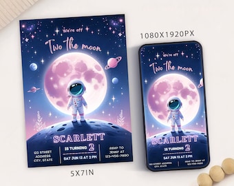 Two the Moon Birthday Invitation: Girl 2nd Birthday, Outer Space (Digital Evite)