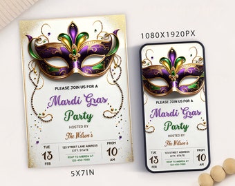 May include: A Mardi Gras party invitation with a purple, gold, and green mask on a white background. The invitation includes the text "Please join us for a Mardi Gras Party" and the date and time of the party. The invitation is available in two sizes: 5x7 inches and 1080x1920 pixels.