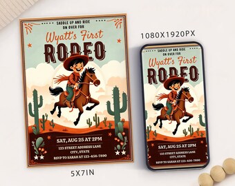 Bewerkbare eerste rodeo-verjaardagsuitnodiging: Wild West Cowboy Party (Digital Evite)