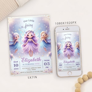 Editable nuestra plantilla de tarjeta de invitación a la fiesta de cumpleaños de Little Fairy, invitación de cumpleaños de niña, invitación de cumpleaños de Fantasy Fairy Girl Mobile Evite
