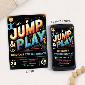 Bewerkbare Jump Birthday Party uitnodiging kaartsjabloon, digitale Trampoline Party Bounce House verjaardag uitnodigen, elektronische mobiele Evite