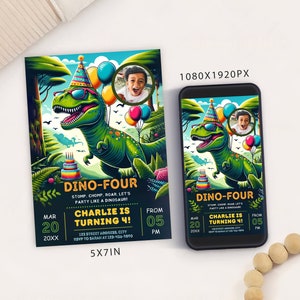 Photo modifiable de carte d'invitation de fête d'anniversaire de Dino quatre, invitation numérique d'anniversaire de dinosaure, Evite mobile de 4e anniversaire de garçon électronique