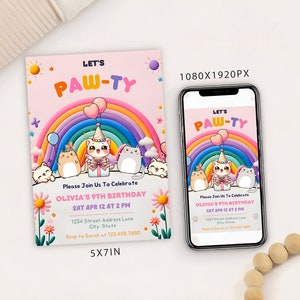 Editable Cute Kawaii Cat Birthday Party Invitation Card Template, Digital Kitten themed Birthday Paw-ty Invite, Are You Kitten Me Mobile