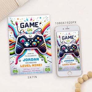 Modèle de carte d'invitation de fête d'anniversaire de jeu vidéo, invitation de partie de contrôleur de jeu numérique, électronique RVB Gamer Arcade Party Mobile Evite