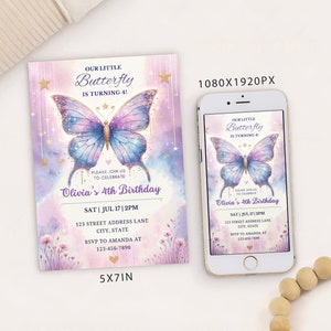 Schmetterling-Geburtstags-Party Einladung für Mädchen, digitale Vorlage, elektronisches Geburtstags-Einladung Aquarell Baby-Schmetterling, digitale Vorlage, Küsse