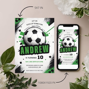 Modèle de carte d'invitation de fête d'anniversaire sur le thème du football modifiable, invitation d'anniversaire de football numérique, Evite mobile d'anniversaire de sport électronique