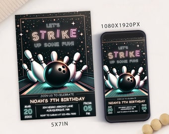 Editable Bowling Themed Birthday Party Invitation Card Template, Digital Bowling Birthday Invite, Electronic Sports Birthday Mobile Evite