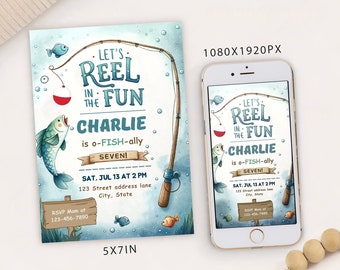 Editable Fishing Birthday Invitation Template: Digital Evite (5x7 & 1080x1920 px)