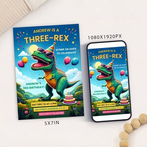 Bearbeitbare drei Rex dritte Geburtstagsparty Einladungskartenvorlage, digitale Dinosaurier-Geburtstagseinladung, elektronischer Junge 3. Geburtstag Mobile Evite