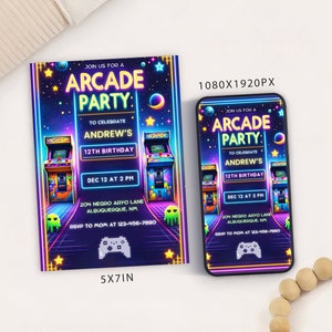 編集可能なアーケード パーティーの誕生日招待状カードの印刷可能なテンプレート、アーケード パーティーの誕生日パーティーのデジタル テンプレート モバイル、ネオン アーケード パーティー カード