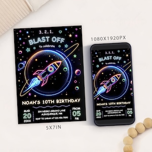 Modèle de carte d'invitation de fête d'anniversaire galaxie espace extra-atmosphérique, invitation d'anniversaire néon hors du monde, espace extra-atmosphérique Mobile Evite