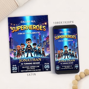 Modelo de cartão de convite de festa de aniversário de super-herói editável, cartão de convite de aniversário infantil de super-herói digital, aniversário de super-herói imprimível
