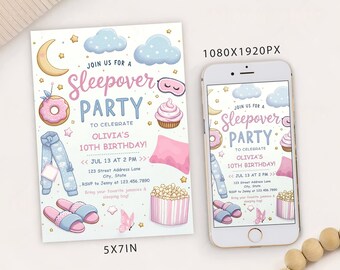 May include: A blue and pink invitation for a sleepover party to celebrate Olivia's 10th birthday. The invitation features a donut, pajamas, a sleep mask, a cupcake, popcorn, slippers, and a butterfly. The invitation says "Join us for a Sleepover Party to celebrate Olivia's 10th Birthday!" and includes the date, time, address, and RSVP information.