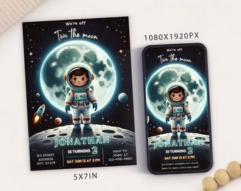 Editable Two the Moon Birthday Party Invitation Card Template, Boy second birthday invite, Outer Space 2nd birthday invitation, 2 year old