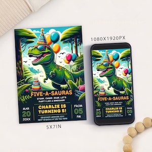 Modèle de carte modifiable Five-a-sauras cinquième anniversaire fête d'anniversaire, invitation anniversaire dinosaure, électronique garçon 5e anniversaire Mobile Evite