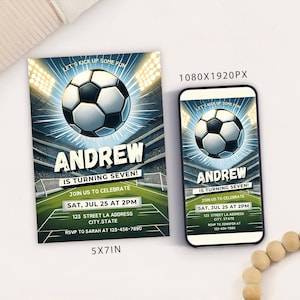 Modelo de cartão de convite de festa de aniversário com tema de futebol editável, convite de aniversário de futebol digital, Evite móvel de aniversário de esportes eletrônicos