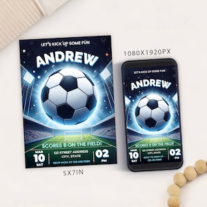 Modelo de cartão de convite de festa de aniversário com tema de futebol editável, convite de aniversário de futebol digital, Evite móvel de aniversário de esportes eletrônicos