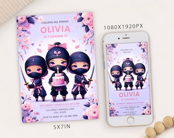 Puede incluir: Una invitación de cumpleaños de color morado y rosa con un diseño floral. La invitación presenta a tres ninjas de dibujos animados sosteniendo un pastel rosa con una sola vela. El texto de la invitación dice "Calling all ninjas Olivia is turning 6!" e incluye la fecha, la hora y la información de RSVP.