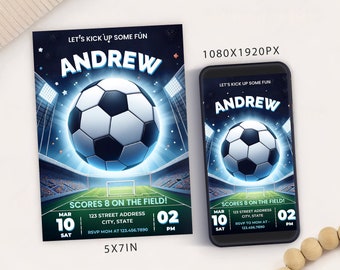 Editable Soccer Themed Birthday Party Invitation Card Template, Digital Football Birthday Invite, Electronic Sports Birthday Mobile Evite