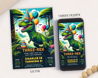 Editable Three Rex Third Birthday Party Invitation Card Template, Digital Dinosaur Birthday Invite, Electronic Boy 3rd Birthday Mobile Evite
