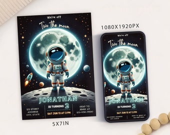 Editable Two the Moon Birthday Party Invitation Card Template, Boy second birthday invite, Outer Space 2nd birthday invitation, 2 year old