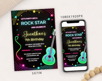 Editable Rockstar Birthday Party Invitation Card Template, Music Guitar birthday party invitation, Rock star Artist birthday card invitation