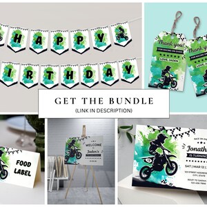 K&ouml;nnte beinhalten: Eine Sammlung von Geburtstagsdekorationen zum Thema Motocross. Enth&auml;lt ein Banner mit der Aufschrift "Happy Birthday", Geschenkanh&auml;nger, Essensetiketten, ein Willkommensschild und eine Einladung. Die Designs zeigen einen Motocross-Fahrer und gr&uuml;ne und blaue Wasserspritzer.