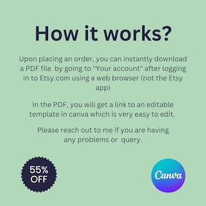 May include: A green background with white text explaining how to download a PDF file with a link to an editable Canva template. The text includes the words "How it works?" and "55% OFF". A blue circle with the text "Canva" is in the bottom right corner.