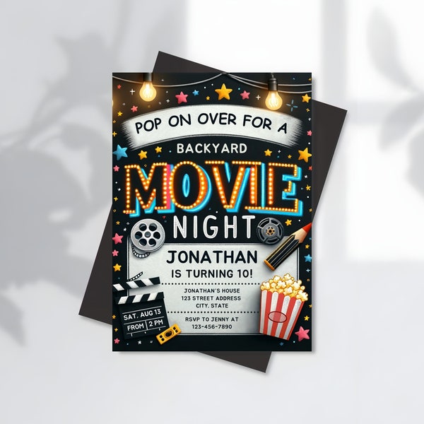 Editable Backyard Movie Night Birthday Party Invitation Card Template, Digital Cinema Birthday Party Invite, Electronic Movie Party Evite