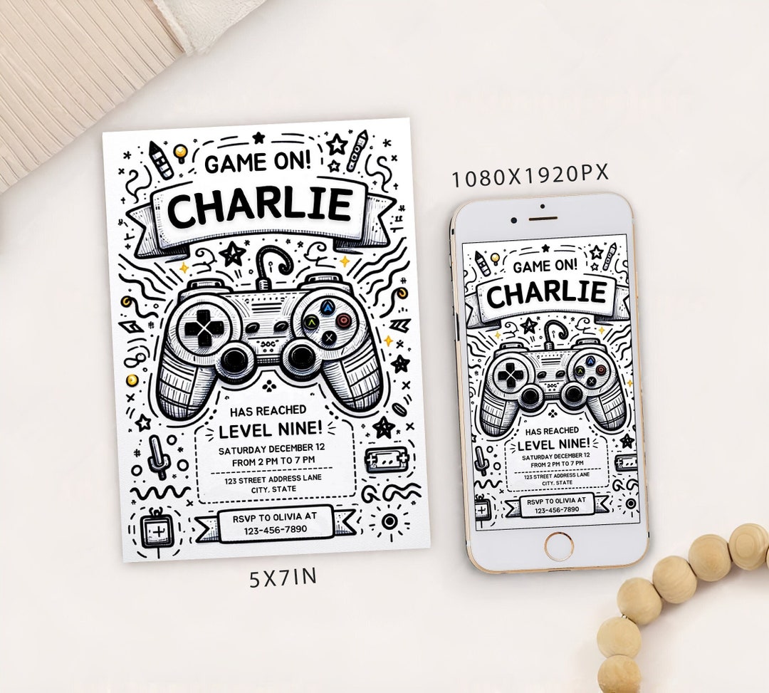 Gaming Birthday Party Invitation Template: Black & White Controller ...