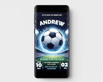 Bewerkbare sjabloon mobiele verjaardagsuitnodiging voetbal (digitale Evite)