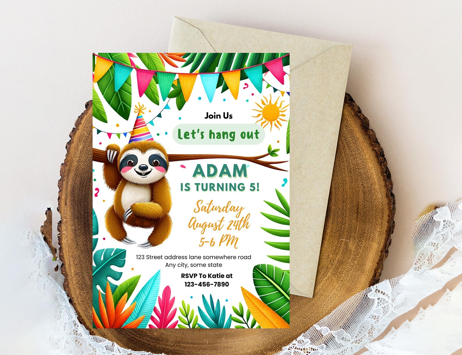 Sloth Border Editable Editable Sloth Birthday Party Invitation: Digital Card & Mobile Evite ...