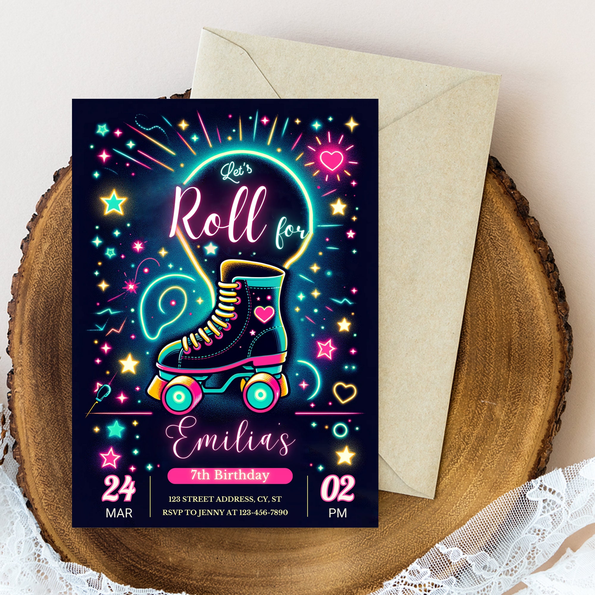 Editable Girl Roller Skating Birthday Party Invitation Template, Digital Roller Skate Party