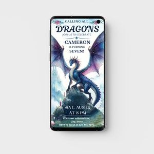 May include: A digital invitation for a dragon-themed birthday party. The invitation features a blue and purple dragon with a castle in the background. The text reads "Calling all Dragons, Join us to celebrate Cameron is turning Seven! Sat, Aug 13, at 8 PM, 123 Street address lane, City, State, RSVP to Sarah at 123-456-7890".