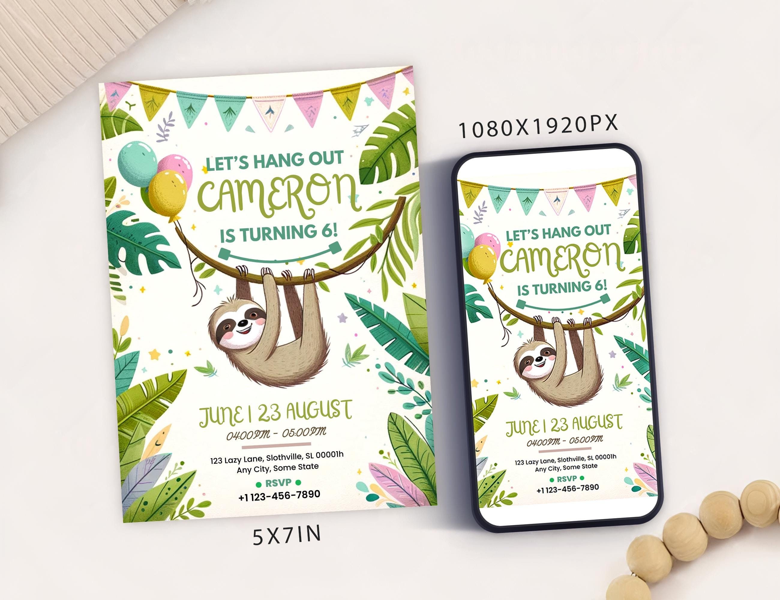 Editable Sloth Birthday Party Invitation card, Sloth birthday invite, Digital sloth birthday card and mobile evite, Electronic Any gender