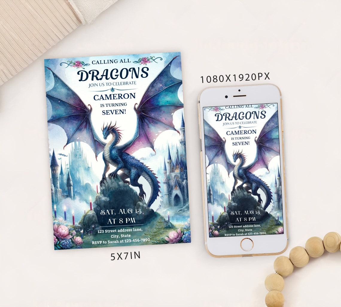 Editable Fantasy Dragon Birthday Invitation Card Editable Template ...