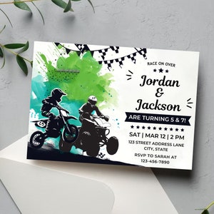Modèle modifiable de carte d'invitation d'anniversaire de jumeaux combinée moto cross et VTT, invitation d'anniversaire de moto de motocross, moto d'invitation