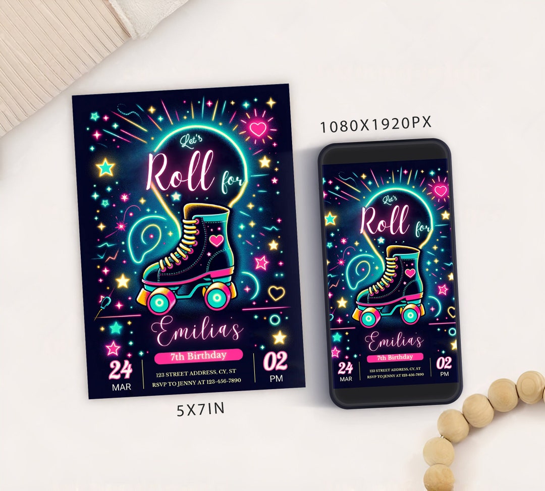 Editable Girl Roller Skating Birthday Party Invitation Template, Digital Roller Skate Party