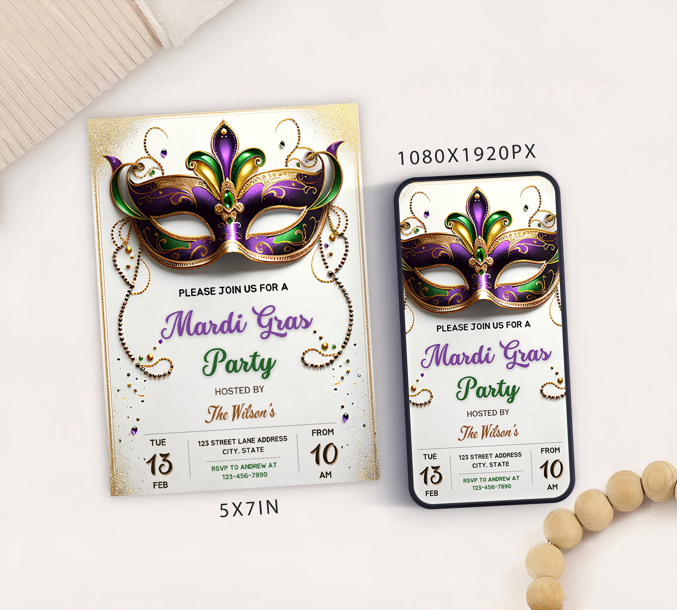 Invitación para fiesta de Mardi Gras: Baile de máscaras, Evite móvil  (descarga digital) - Etsy México, image size:2280x2054