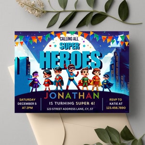 Editable Superhero birthday party invitation card template, digital superhero kids&#39; birthday invitation card, printable superhero birthday