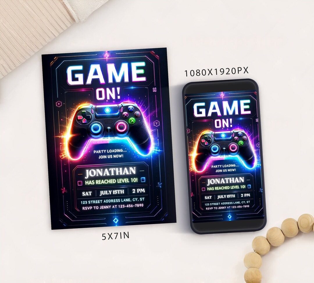 Controller Invites Video Game Birthday Party Invitation Card Template, Digital Gaming ...