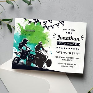 Modèle modifiable de carte d'invitation d'anniversaire pour motos tout-terrain et VTT, invitation d'anniversaire de moto de motocross, invitation de moto, quad