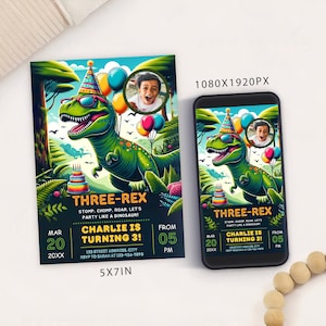 Bearbeitbar Drei Rex Dritte Geburtstagsparty Einladungskarte Fotovorlage, Dinosaurier Geburtstag einladen, elektronisches 3. Geburtstag Mobile Evite