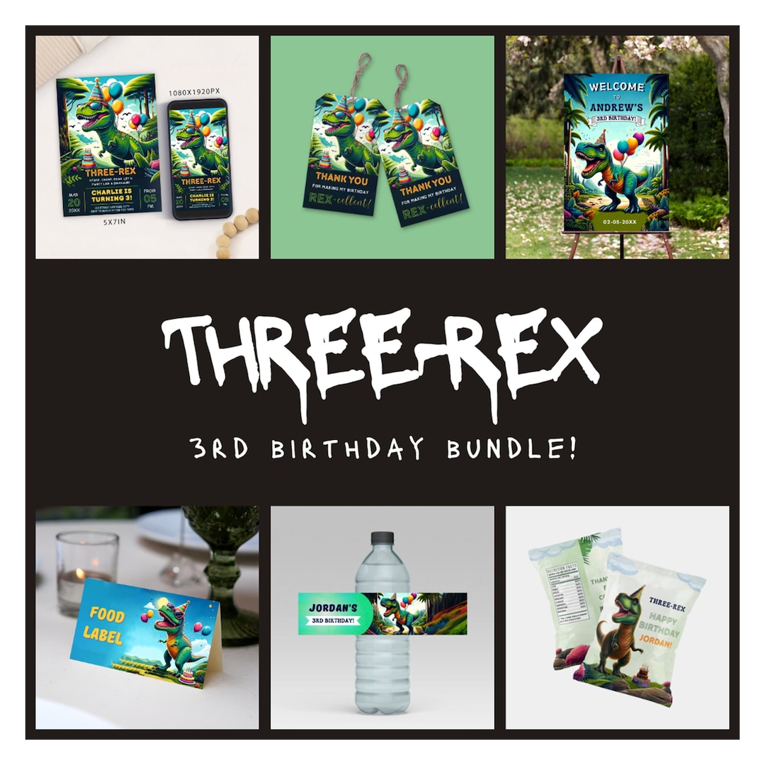 Editable Three Rex Birthday Party Bundle: Dinosaur Theme (digital ...