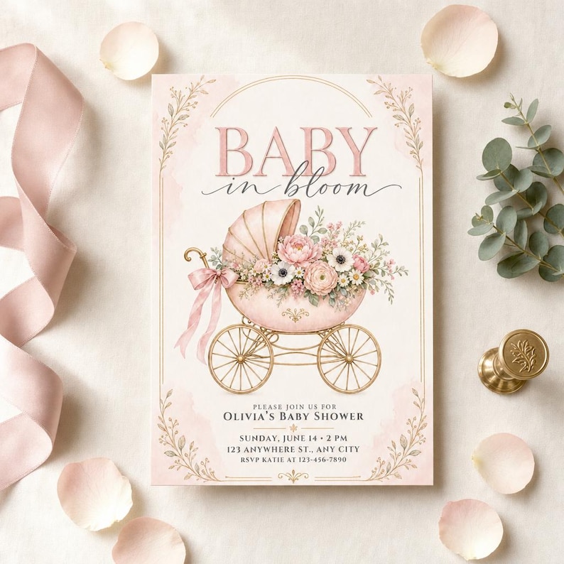 May include: A rectangular baby shower invitation card featuring the text BABY in bloom, an illustration of a vintage baby carriage filled with pink and white flowers, and event details for Olivia's Baby Shower on Sunday, June 14 at 2 PM.